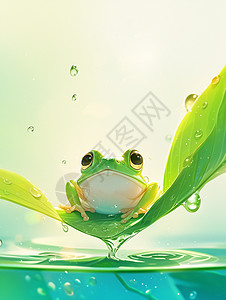 卡通雨滴雨中趴在荷叶上一只绿色可爱的卡通小青蛙插画