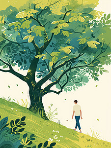 大树剪影素材春天在高大的树下溜达的小小的卡通人物插画