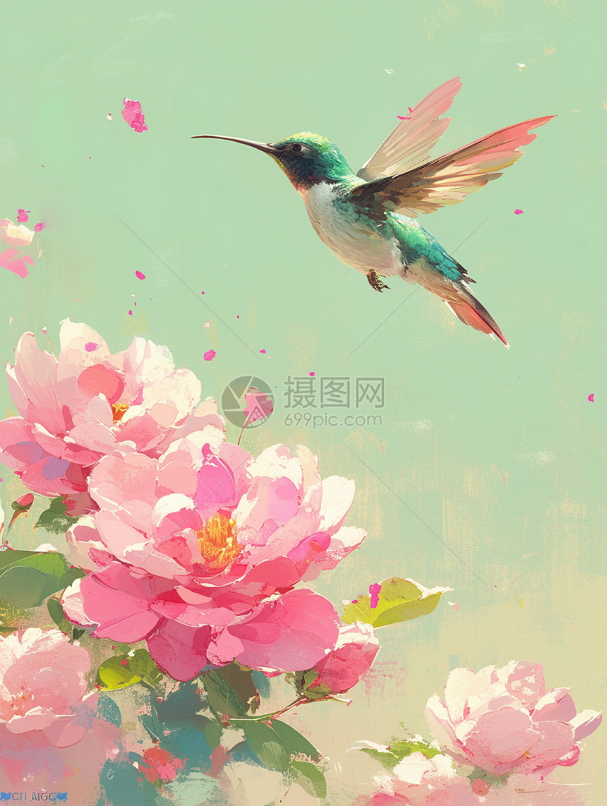 粉色盛开的卡通桃花枝旁一只卡通小鸟图片
