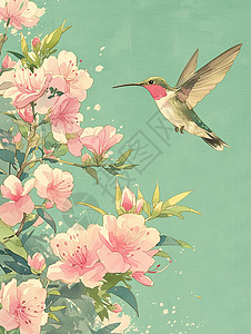 桃树上的小鸟粉色盛开的卡通桃花枝旁一只正在飞着的卡通小鸟插画