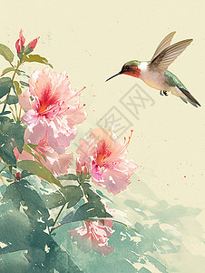 桃树上的小鸟春天飞在盛开的桃花旁一只可爱的卡通小蜂鸟插画