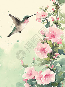 粉红色桃花枝一只可爱的卡通小蜂鸟插画
