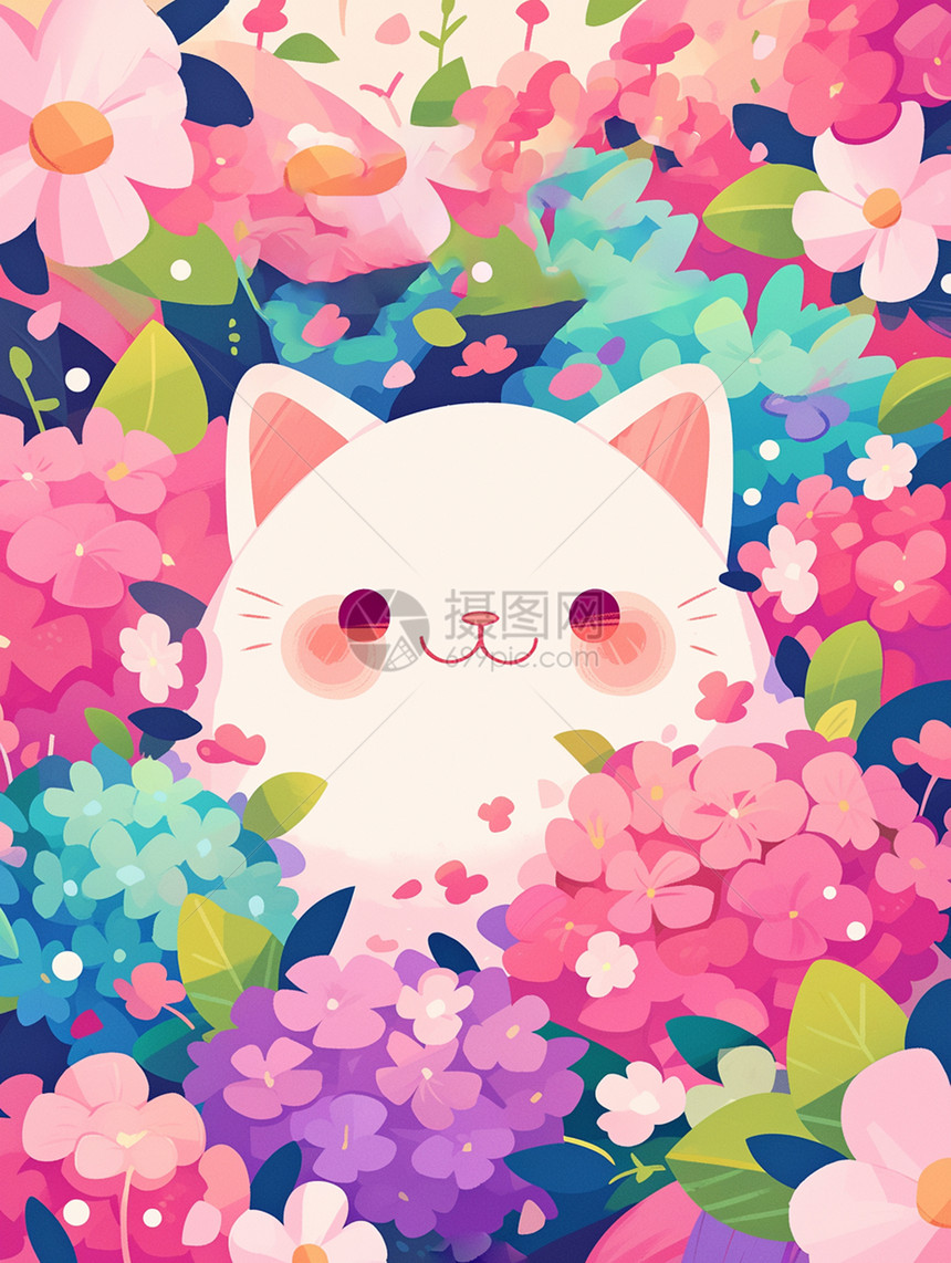 在粉色花丛中一只卡通小猫图片