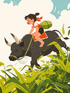 清明节骑着牛的卡通小女孩高清图片