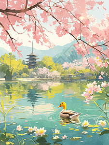 春天小鸭子在湖中心游泳背景图片