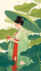 雨中美女古风装扮美女雨中打着伞在荷叶旁喝茶插画
