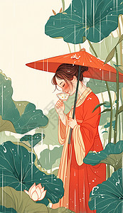 古风卡通美女雨中打着伞在荷叶旁喝茶背景图片