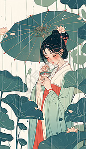 雨中美女雨中打着伞在荷叶旁喝茶插画