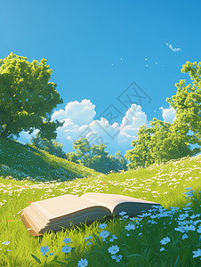 春天绿树背景一本打开的书放在开满花朵的草地上插画