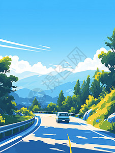汽车公路行驶在森林中公路上行驶的卡通汽车插画