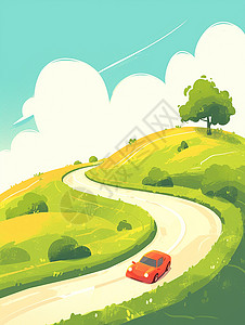 汽车公路行驶乡间小路上行驶着一辆可爱的卡通小汽车插画