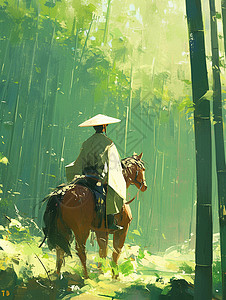 雨中背影雨中骑着马走在竹林中武侠卡通人物背影插画