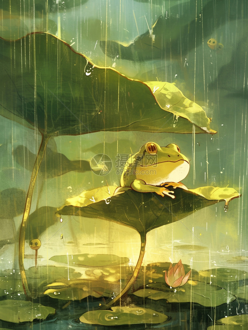 雨中拿着荷叶伞坐在荷叶上躲雨的卡通小青蛙图片