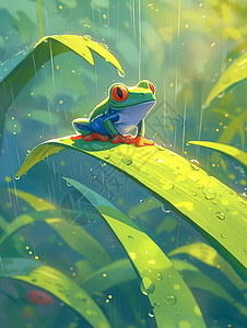 春天雨中趴在植物叶子上一直绿色可爱的小青蛙背景图片
