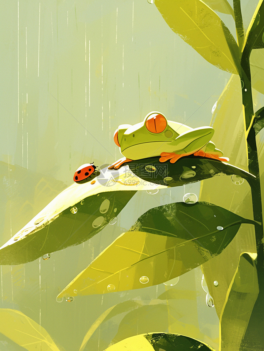 趴在植物叶子上一直绿色可爱的卡通小青蛙图片