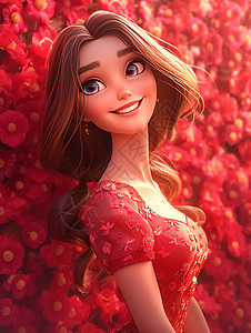 穿着红裙子在红色花丛中可爱的卡通小公主背景图片