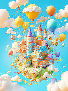 梦幻的卡通空中城堡背景图片