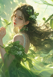 穿绿色公主裙的卡通女孩在森林中背景图片
