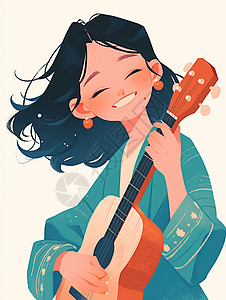 弹吉他的人物穿着古风服装弹乐器开心笑的卡通女孩插画