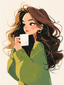 绿色咖啡时尚优雅的喝咖啡卡通女青年插画
