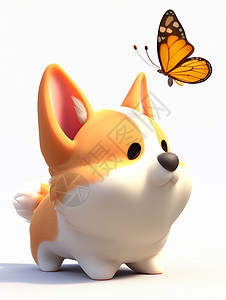 可爱的卡通柯基犬在与蝴蝶玩耍背景图片