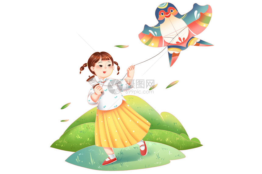 春天女孩儿童放风筝放纸鸢踏青场景图片