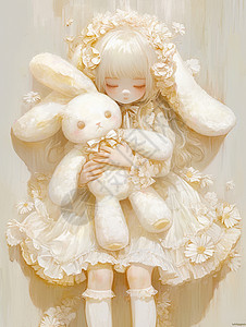 怀抱着玩偶兔子的可爱卡通小公主穿着白色裙子高清图片