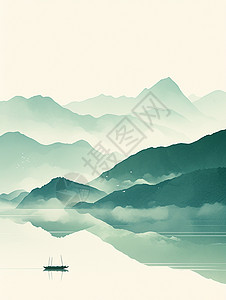 最美不过山水间绿色山水间湖面上飘着一艘小船插画