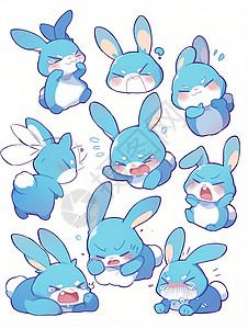 小兔子表情包卡通蓝色小兔子多个动作与表情插画