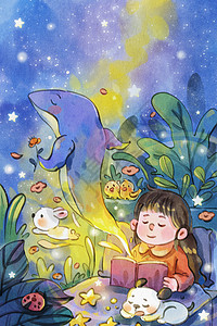 鲸鱼上女孩手绘水彩晚安之女孩看书治愈系梦幻插画插画