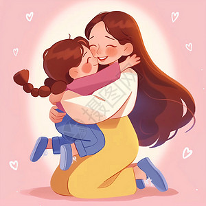 卡通母亲素材开心拥抱的卡通母女插画