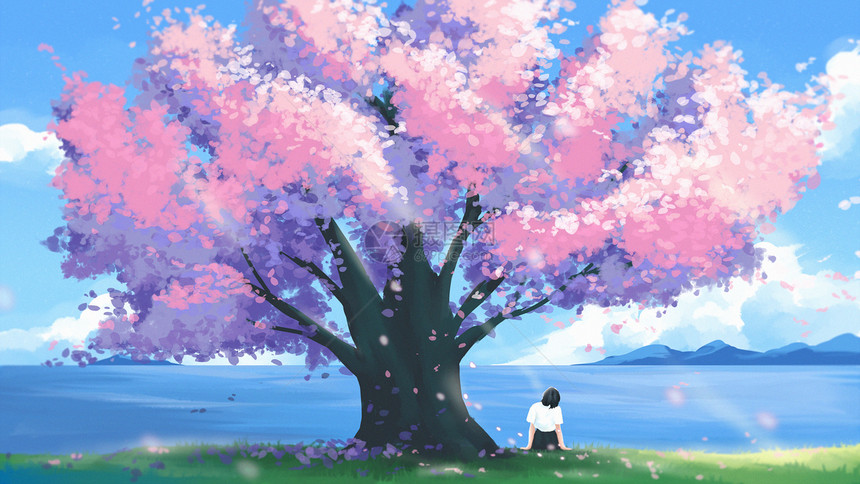 手绘治愈樱花树下遥望远方的少女插画图片