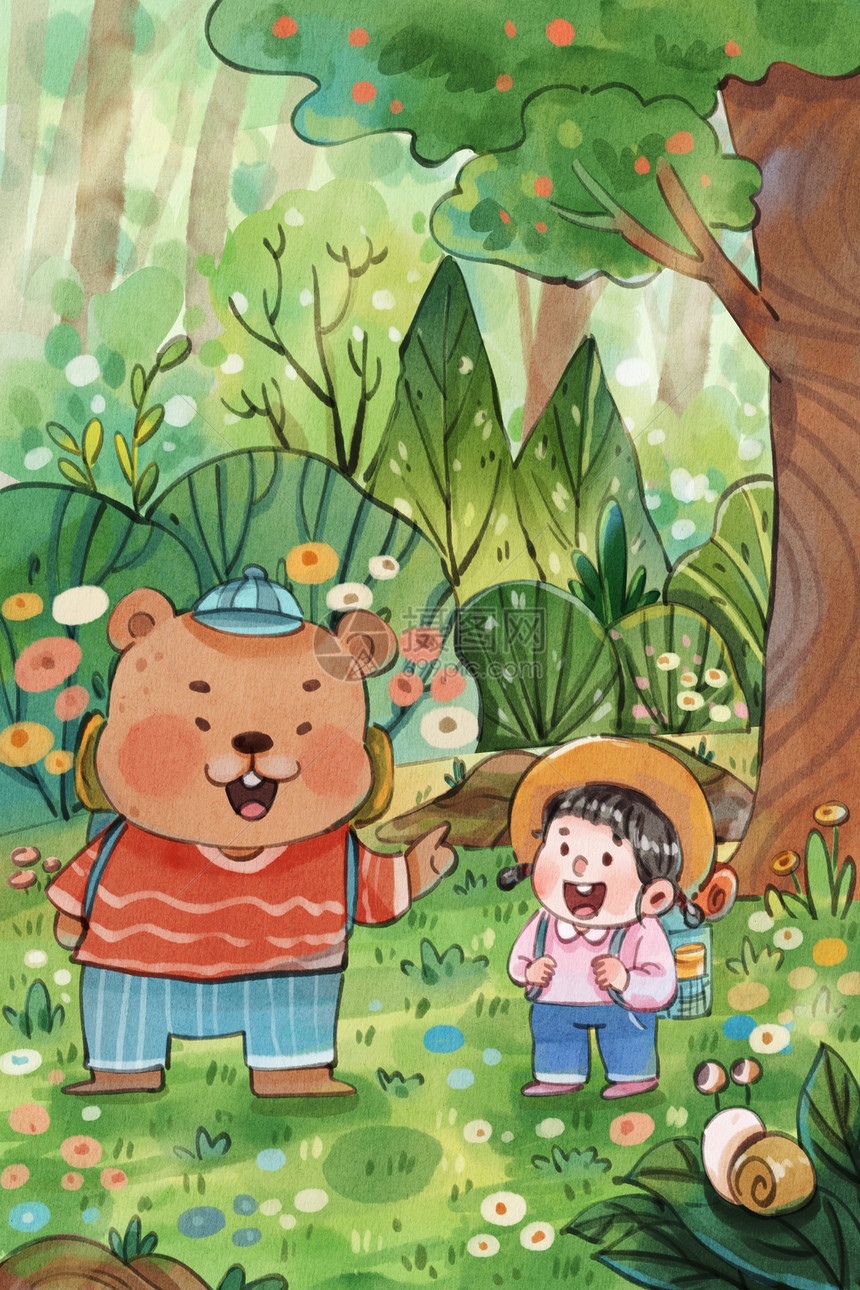 手绘水彩春天女孩与熊森林探险治愈系插画图片