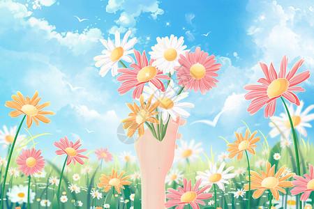 包子壁纸治愈春天踏青天气晴朗鲜花盛开插画