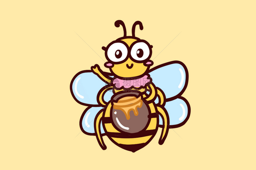 手绘卡通手账贴纸素材拿着蜂蜜罐的蜜蜂图片
