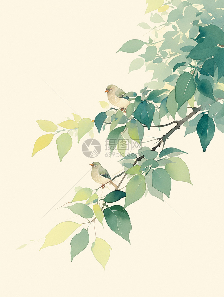 树枝上几只绿色卡通小鸟在休息图片