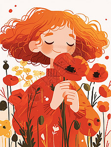 抱着小红花橙色卷发可爱的卡通小女孩插画