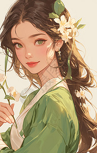 美女人物向日葵身穿绿色汉服优雅的古风美女插画