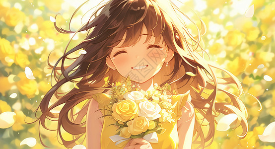 美丽黄色花丛在美丽的花丛中的小女孩插画
