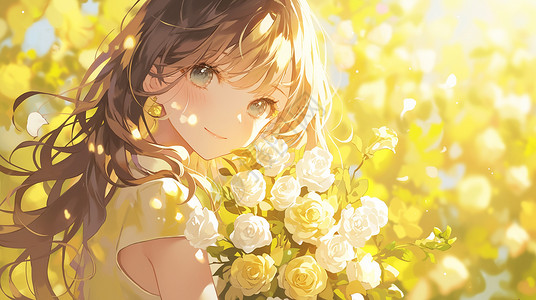 美丽黄色花丛在美丽的花丛中抱着一束花朵开心女孩插画