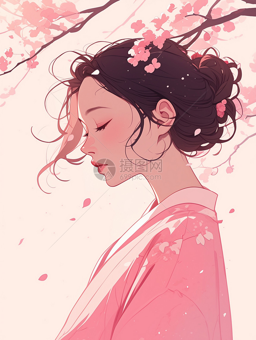 春天在粉色桃花树下优雅的女人图片