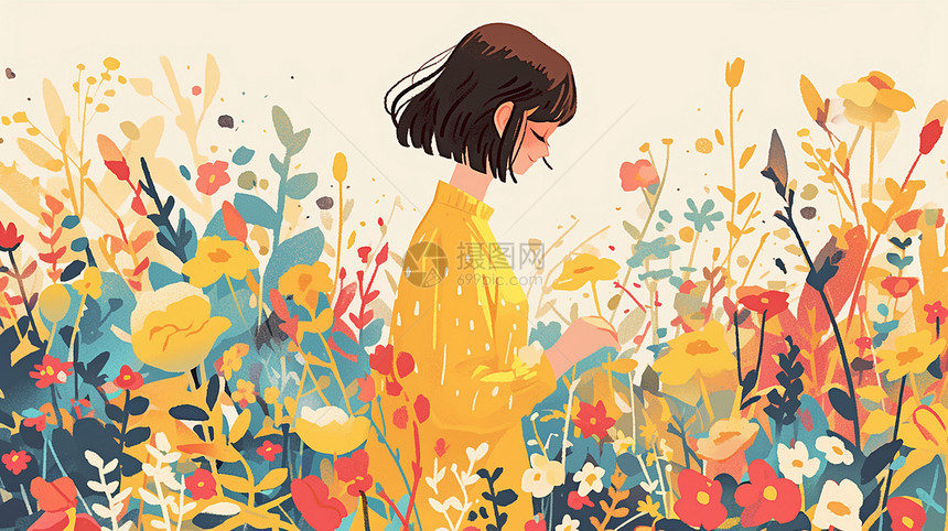 在花丛中穿黄色衣服短发可爱的卡通女孩图片