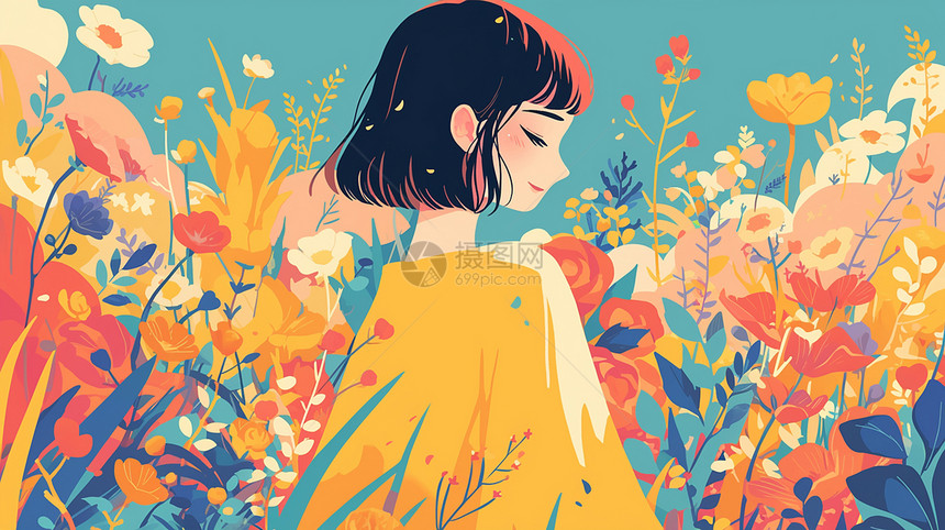 春天在花丛中穿黄色衣服短发可爱女孩图片
