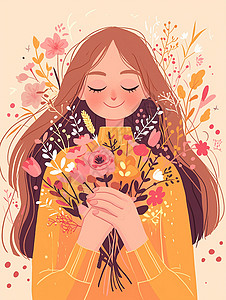 橙色毛衣怀抱花朵面带微笑的长发卡通女人高清图片