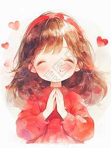 身穿小红裙子开心笑的可爱小女孩背景图片