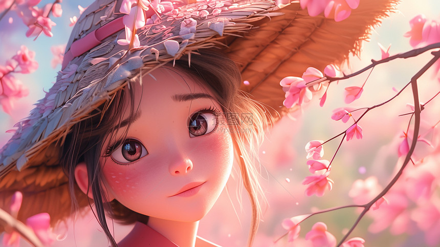 戴着草帽在桃花树下赏花的可爱卡通小女孩图片