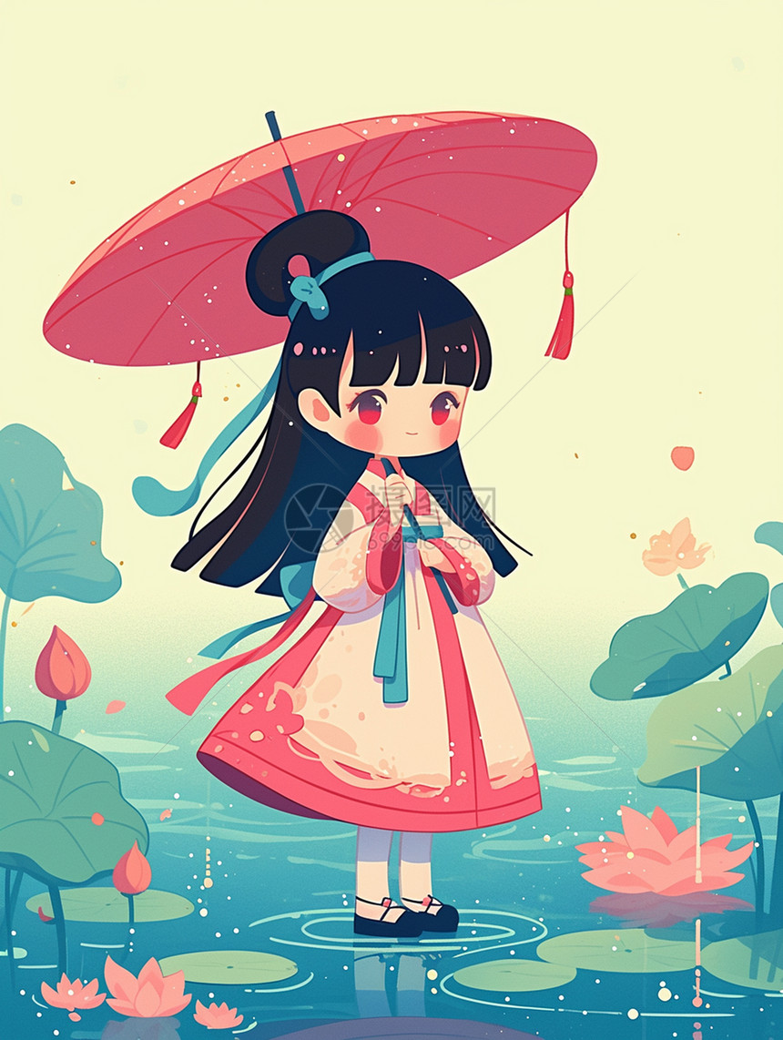 雨中打着小红伞的可爱小女孩图片