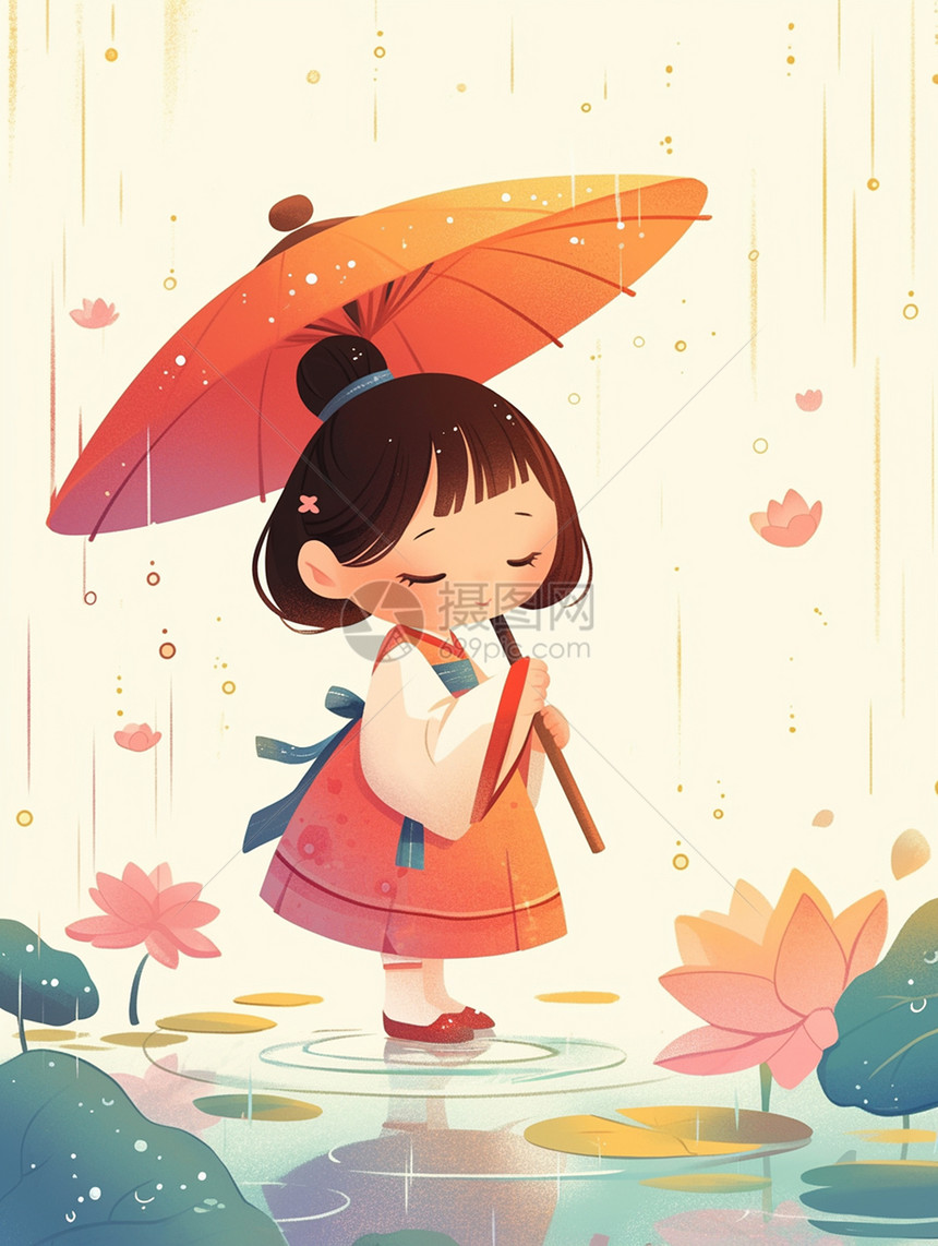打着小红伞的可爱卡通小女孩图片
