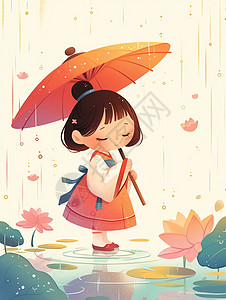 打着小红伞的可爱卡通小女孩背景图片