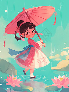 打着小红伞的可爱小女孩背景图片